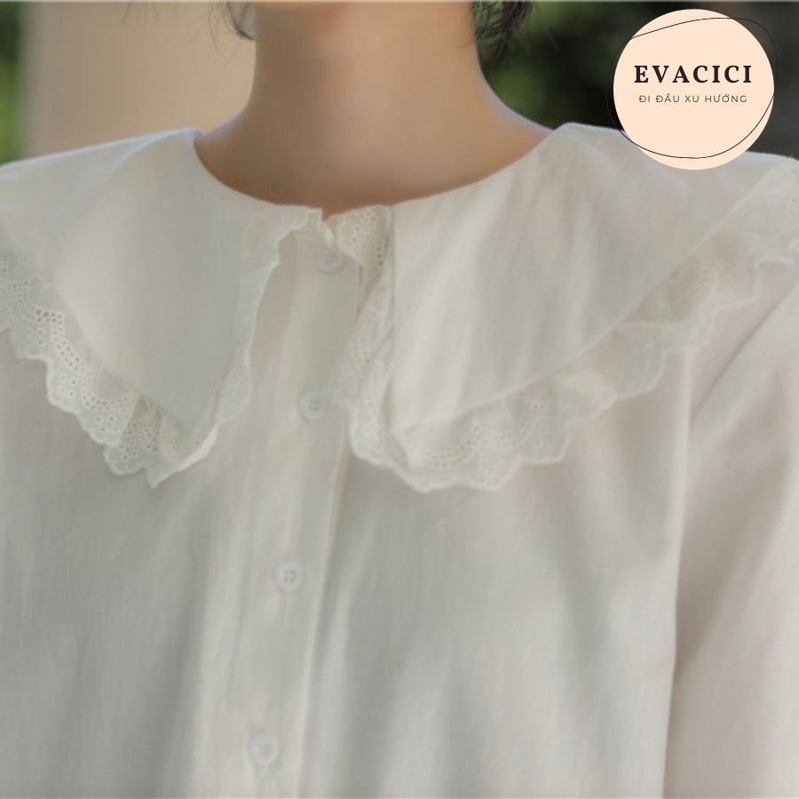 Áo sơ mi cổ 2 bèo viền ren độc đáo. Áo babydoll dài tay bồng chất mát
