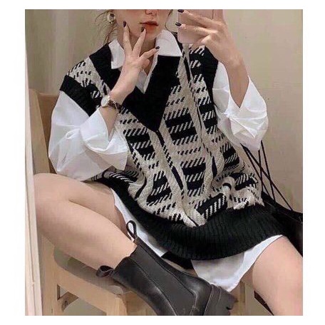 Áo khoác len gile nữ ulzzang hàn quốc dáng rộng len mỏng kẻ caro hàng quảng châu