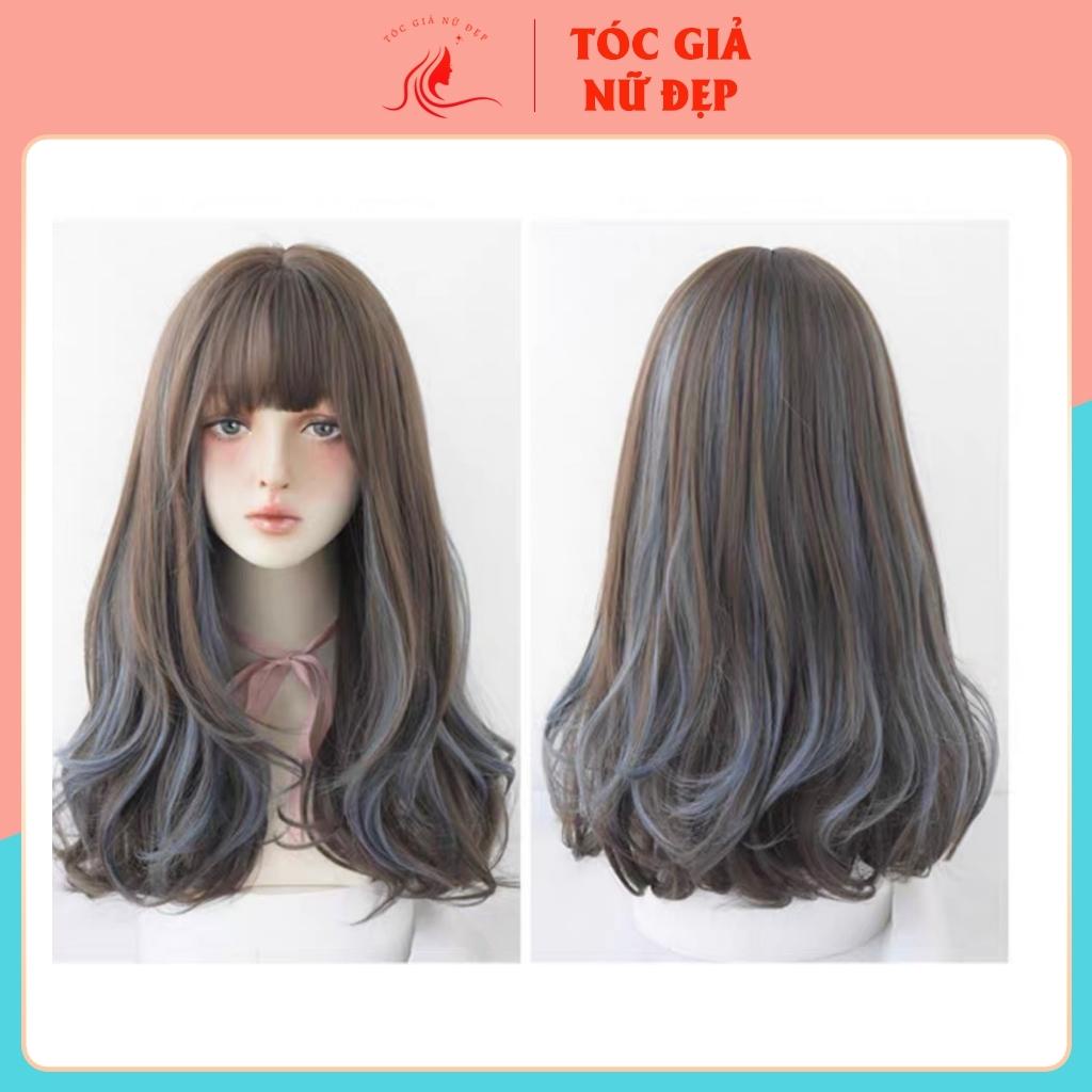 Tóc giả nữ đẹp nguyên đầu xoăn lửng phối line xanh coban, TGND, C8267