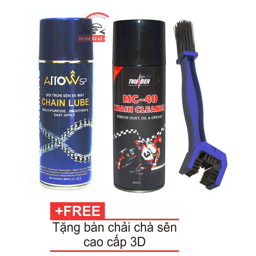 BỘ 3 SẢN PHẨM CHAI XỊT BÔI TRƠN SÊN XE MÁY ARROW CHAIN LUBE 400ML + XỊT SÊN MC-40 400ml TẶNG BÀN CHẢI CHUYÊN NGHIỆP 3D