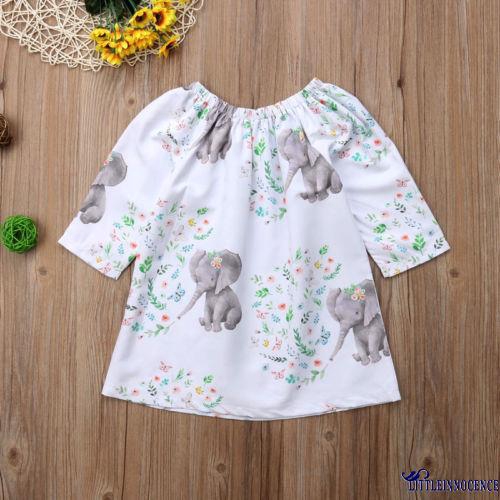 ❤XZQ-New 0-4 Years Baby Gilr´s White Elephant Printed Dress Tops Skirt Outfits Dresses