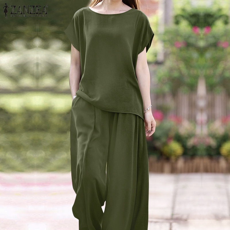 Set đồ ZANZEA gồm áo thun ngắn tay cổ tròn và quần ống rộng thời trang Hàn Quốc cho nữ