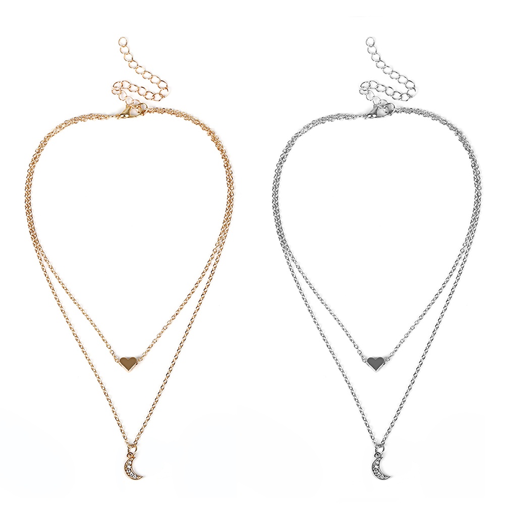 Vòng cổ nữ 2 lớp phối mặt hình mặt trăng/trái tim đính đá thời trang