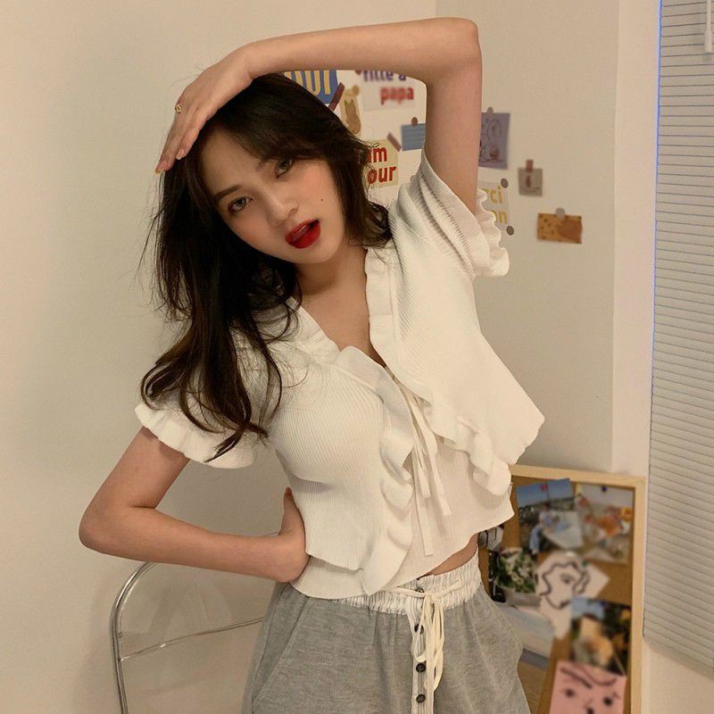 Áo Croptop Ngắn Tay Kiểu Gân Bèo Cột Nơ Trước UlzzangTuyết's House (Áo Khoác Croptop Ngắn Tay Ulzzang) | WebRaoVat - webraovat.net.vn