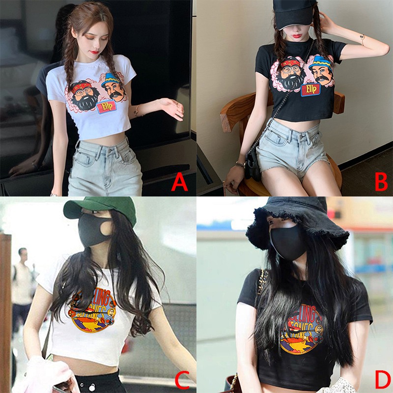 Áo Croptop Tay Ngắn Cổ Tròn Hoạ Tiết In Phong Cách Hàn Quốc