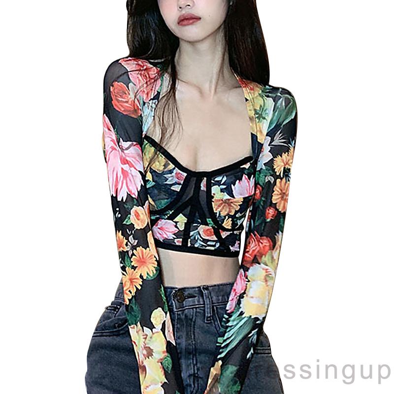 Áo croptop tay dài cổ vuông phối lưới in họa tiết hoa phong cách vintage cho nữ