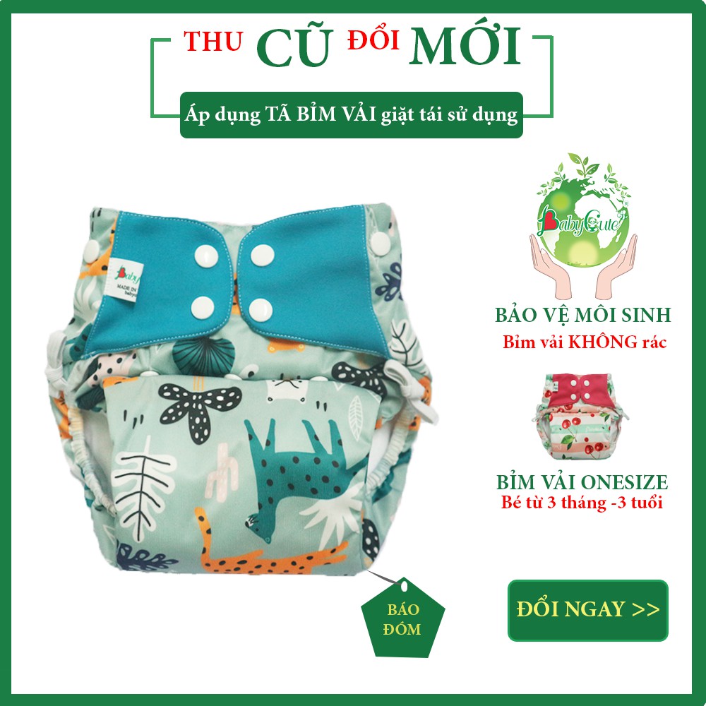 [ONE SIZE] Bỉm Tã vải BabyCute Siêu chống tràn (gồm 1 vỏ + 1 lót) tăng giảm NÚT bấm cho bé từ 5kg-25kg, mặc ngày và đêm