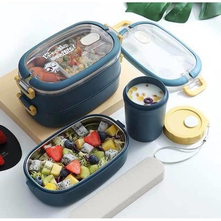 Hộp cơm giữ nhiệt 2 tầng 3 ngăn đựng cơm và thức ăn cho cả nam và nữ, lõi inox 304 siêu xịn, an toàn cho sức khỏe
