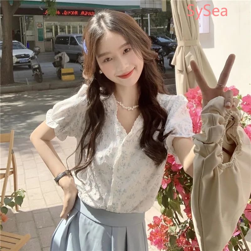 Áo Kiểu Tay Phồng Họa Tiết Hoa Phong Cách Hàn Quốc Vào Mùa Hè