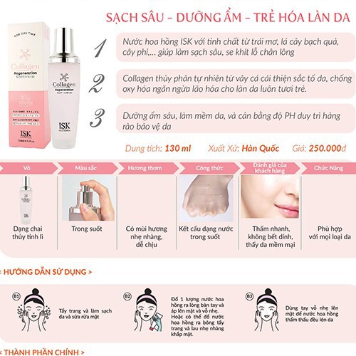 Nước hoa hông collagen trắng da, xóa thâm xạm, se khít lỗ chân lông ISK BEAUSKIN COLLAGEN Hàn quốc 150ml