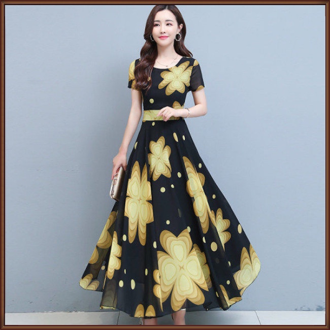 Đầm Chiffon Dài Ôm Eo Tay Ngắn Cổ Tròn In Họa Tiết Hoa Phong Cách Bohemian Thời Trang Mùa Hè Cho Nữ