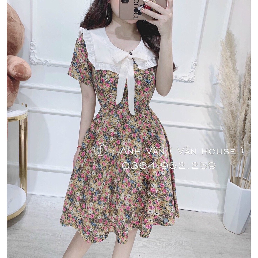 đầm xòe hoa nhí tay ngắn cổ trắng cột nơ chất voan dày dặn cực xinh GB009