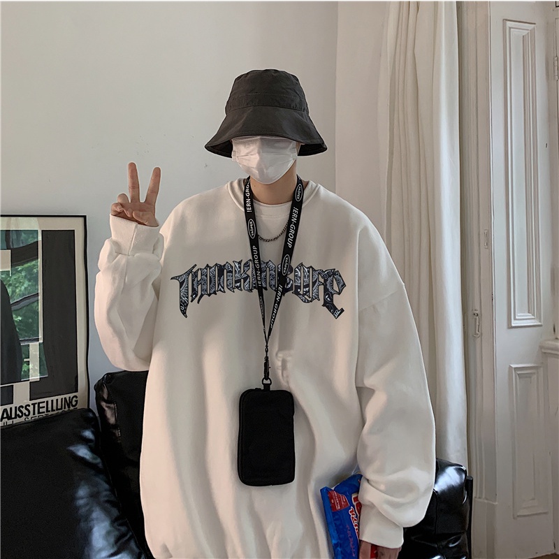 Áo sweater cổ tròn in chữ và họa tiết ngọn lửa độc đáo thời trang dạo phố cho nam size m - 5xl