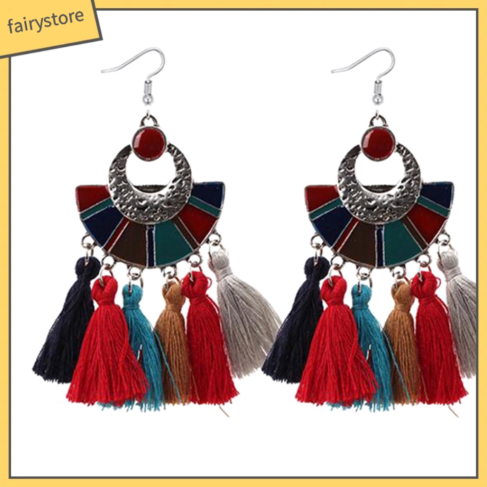 Khuyên tai tua rua hình quạt phối nhiều màu sắc thời trang thanh lịch