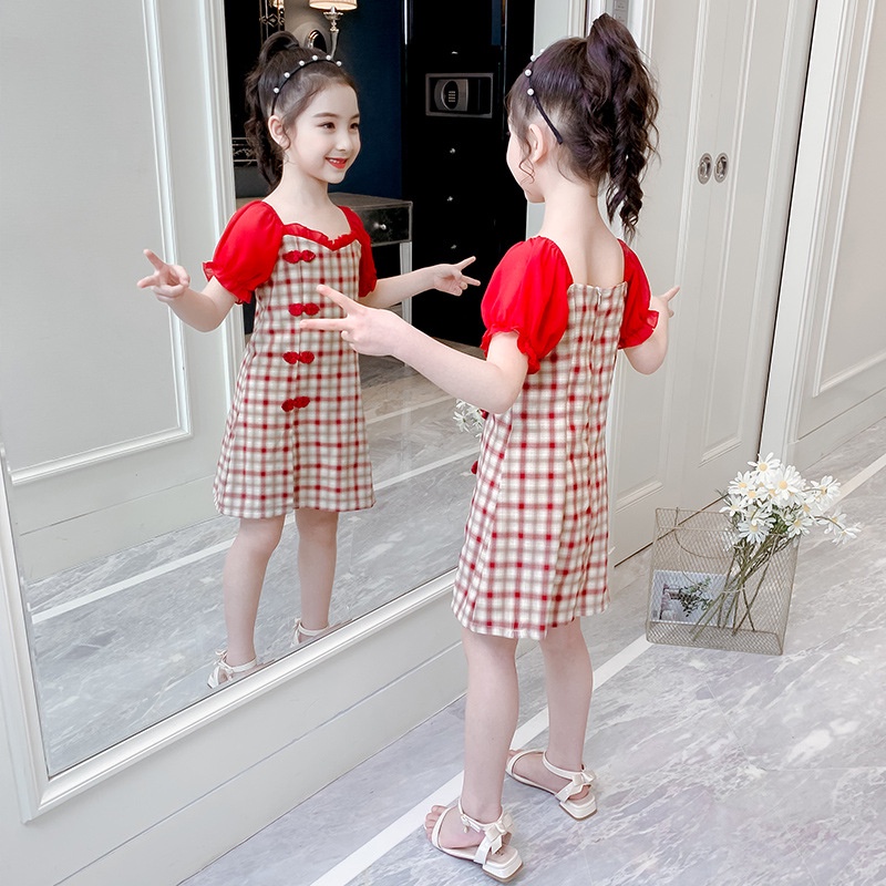 SANITKUN Đầm công chúa sườn xám họa tiết caro thời trang năm mới cho bé