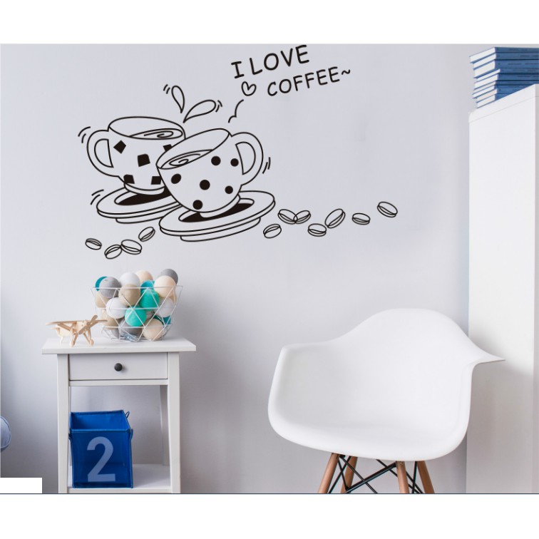 Decal trang trí tường 2 ly I Love Coffee