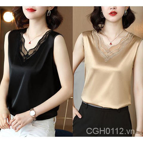 Áo hai dây vải lụa satin dáng rộng phối ren thời trang mùa hè cho nữ