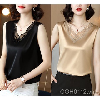 Áo hai dây vải lụa satin dáng rộng phối ren thời trang mùa hè cho nữ