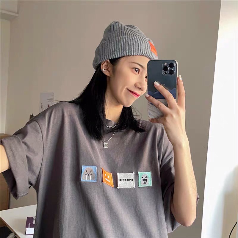 Áo thun tay lỡ form rộng - phông nam nữ cotton oversize - T shirt thêu 4 logo - 2N Unisex