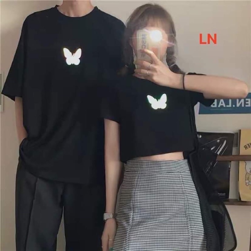 Set 2 áo đôi nam nữ croptop và Sweaters in lô gô bươm phản quang