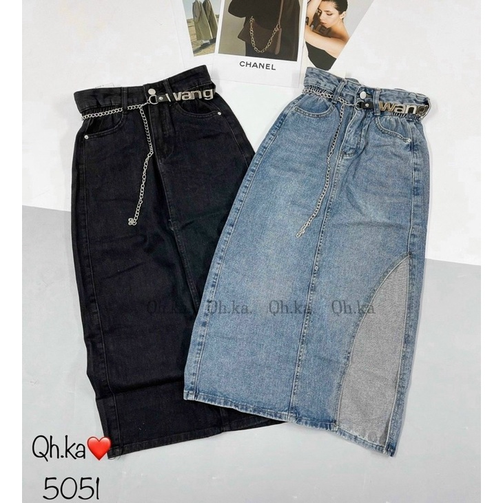 CHÂN VÁY JEANS DÁNG DÀI XẺ KÈM ĐAI XÍCH QC L1 MS30661
