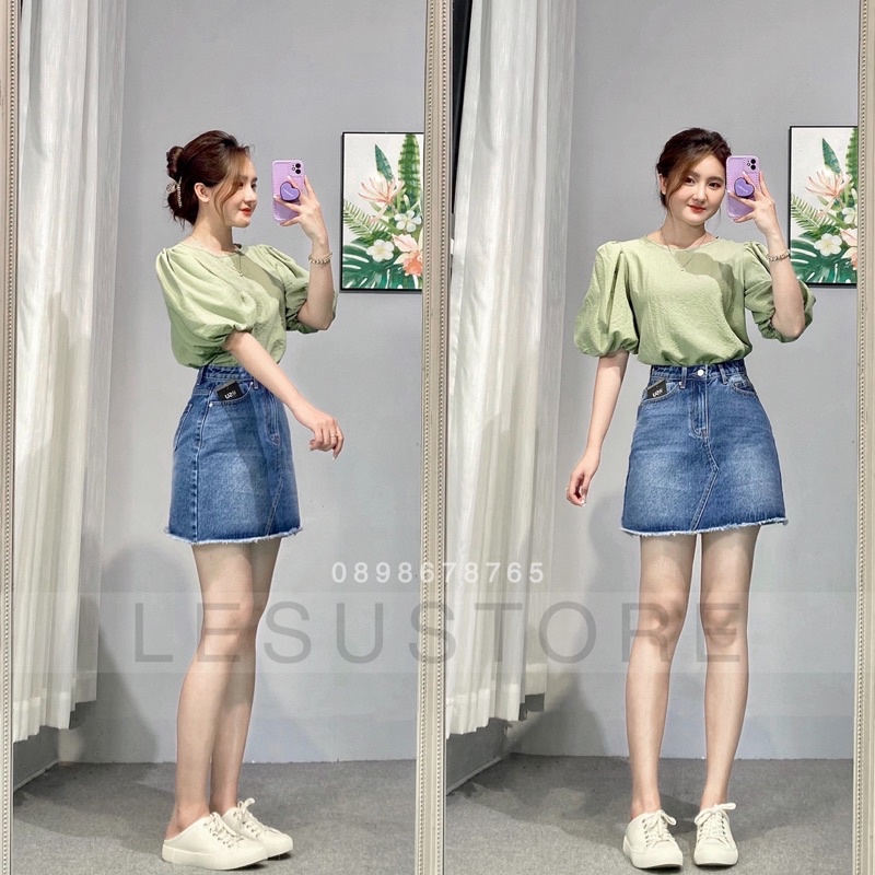 ẢNH TỰ CHỤP CHân váy jeans trơn lai tua lưng cao | BigBuy360 - bigbuy360.vn