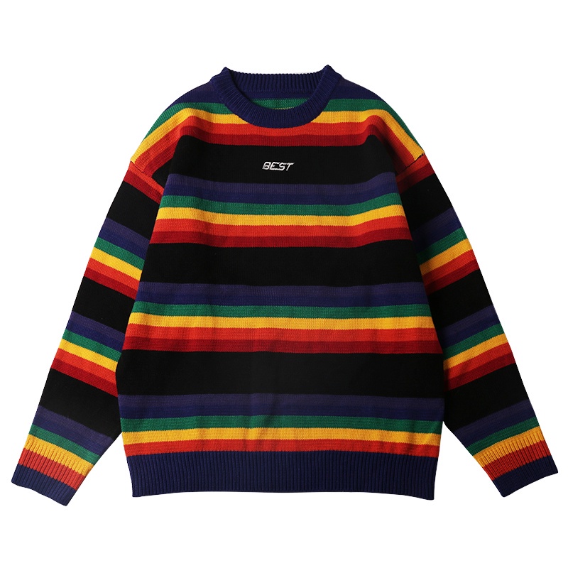 ✦AFFLIGA✦ Áo Sweater Cổ Tròn Dáng Rộng Kẻ Sọc Cầu Vồng Kiểu Retro Hàn Quốc Cá Tính Cho Nam