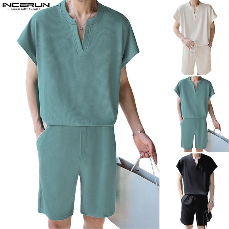 Bộ đồ INCERUN gồm áo thun tay ngắn + quần short 3 màu thời trang cho nam