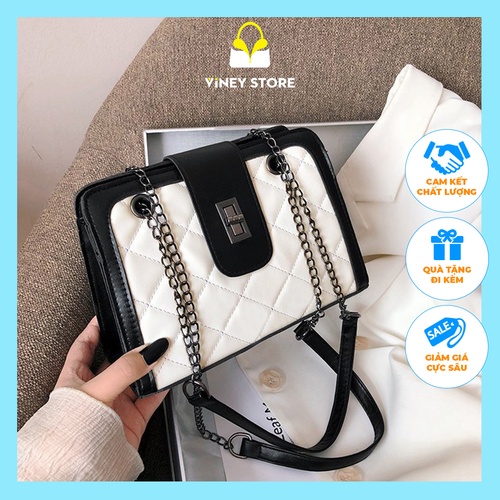 Túi xách nữ da thời trang 2021 kết hợp dây xích túi vuông nhỏ phong cách Hàn Quốc hai màu đen trắng