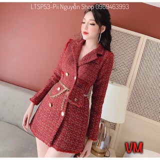 Áo dạ tweed kim tuyến dạ xù dáng dài cổ vest kèm túi dạ thắt đai eo