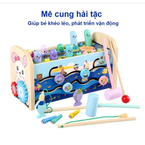 Đồ chơi đập chuột 7in1 có đàn, đồng hồ, câu cá cho bé phát triển phản xạ - bộ đập chuột bằng gỗ giúp bé vừa học vừa chơi