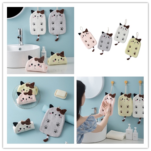 Khăn Nhung San Hô Hình Mèo Hoạt Hình Chống Nước Có Móc Treo