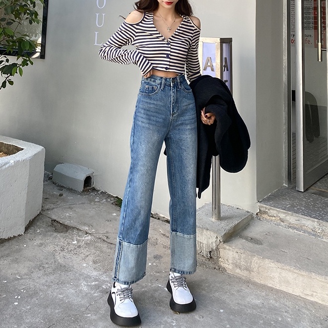 Quần jean nữ ống rộng lưng cao phong cách Hàn Quốc