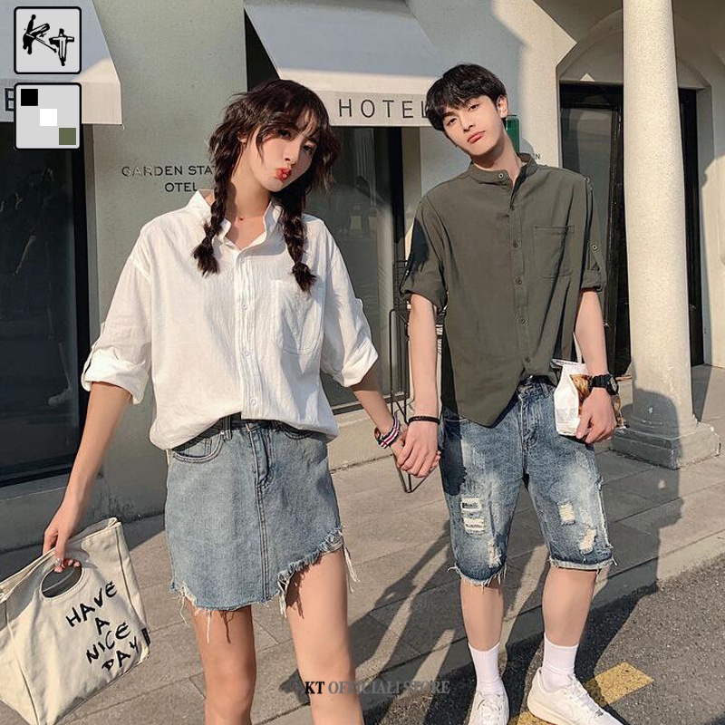 Áo sơ mi KT cotton linen cổ bẻ tay ngắn form rộng thời trang Hàn Quốc cho cặp đôi size S-3XL KT-C991