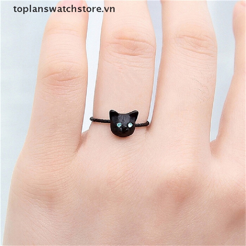 1 Nhẫn Mini Hình Mèo Đính Đá Màu Đen / Vàng / Bạc