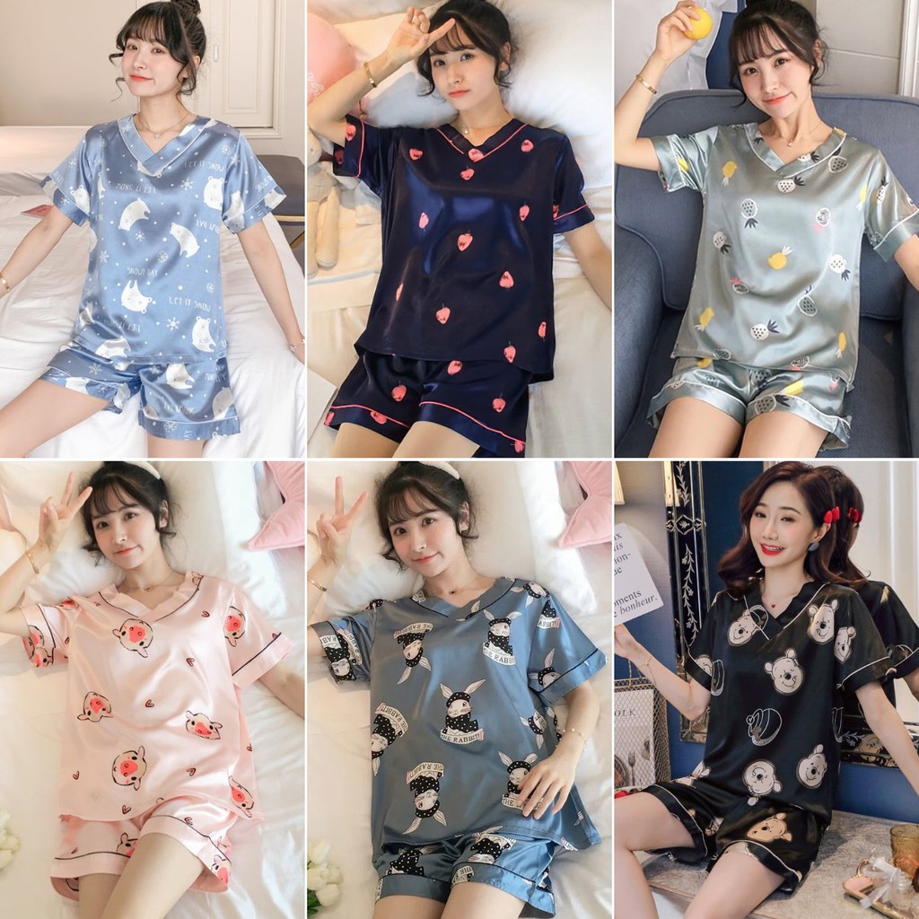 Bộ đồ ngủ gồm áo ngắn tay và quần gợi cảm bằng lụa cho nữ | BigBuy360 - bigbuy360.vn