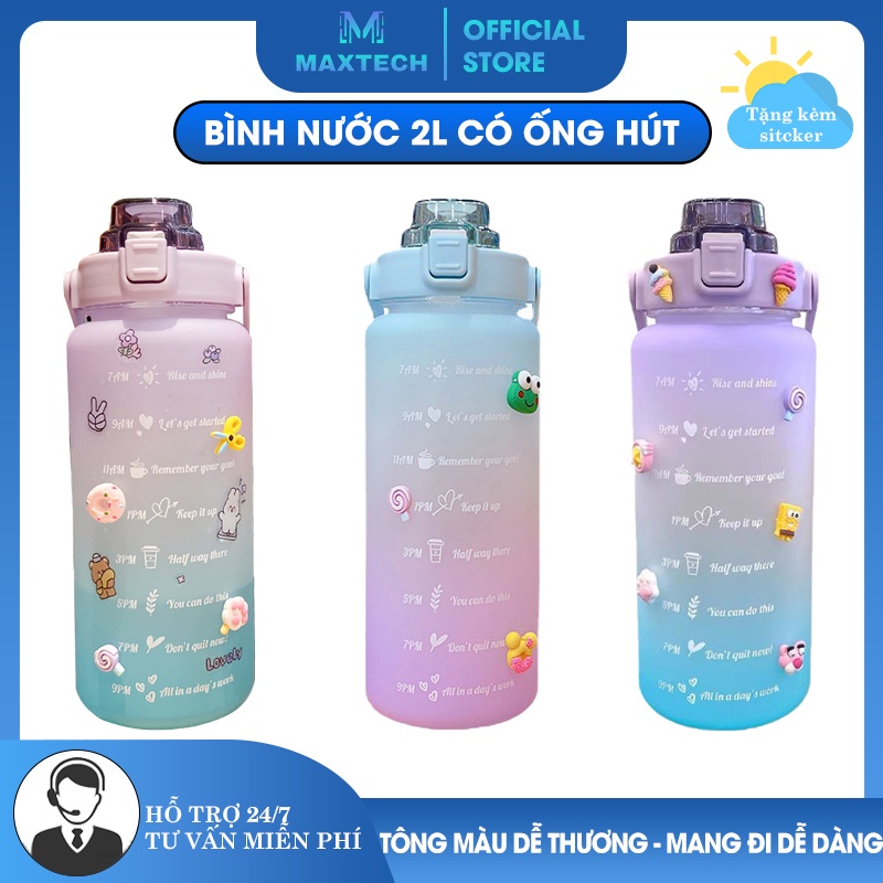 Bình nước 2l tặng sticker chất liệu an toàn, có ống hút, có vạch báo chia giờ uống nước - K1312