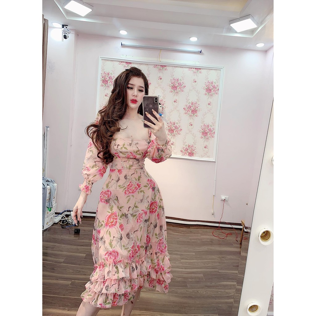 [HINOIS271] Đầm Maxi Tay Dài Cổ Vuông Dáng Dài, Có Bèo Ở Chân Váy, Kèm Lớp Lót Đầm, Chất Tơ Mát Mẻ, Thích Hợp Đi Biển | BigBuy360 - bigbuy360.vn