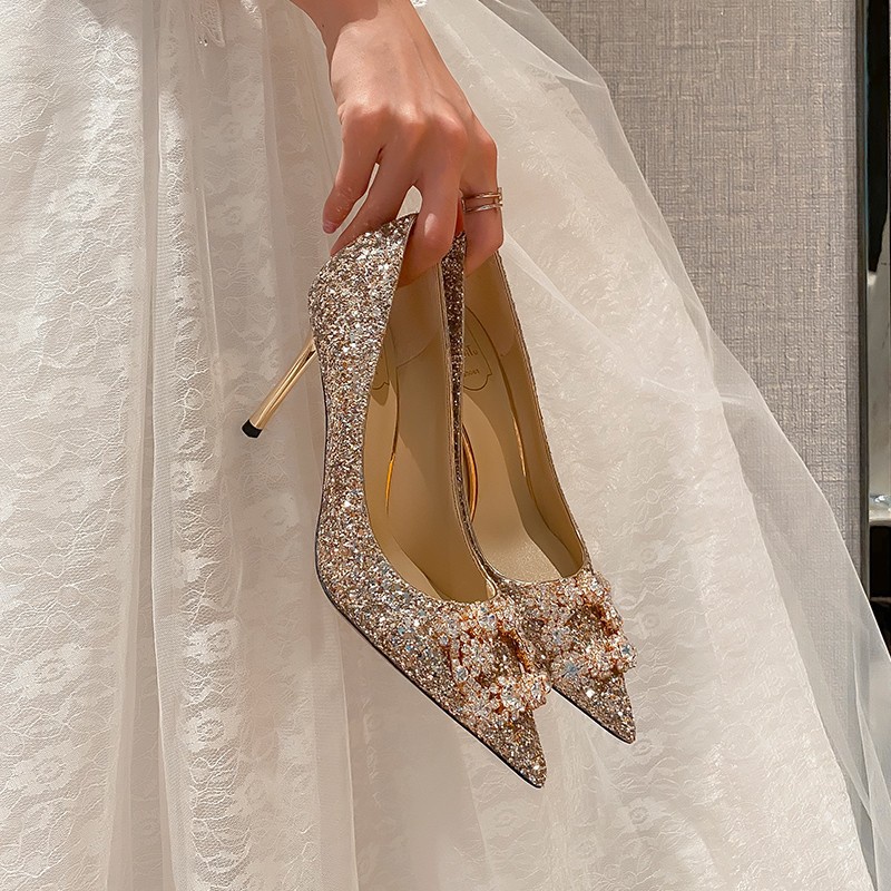 Giày Cao Gót Ánh Bạc Đính Kim Sa Lấp Lánh Thời Trang Mới 2021 Cho Phù Dâu