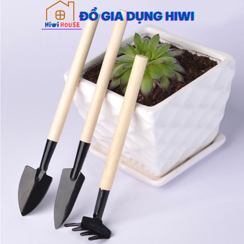 Bộ dụng cụ làm vườn mini, 3 món, cán gỗ