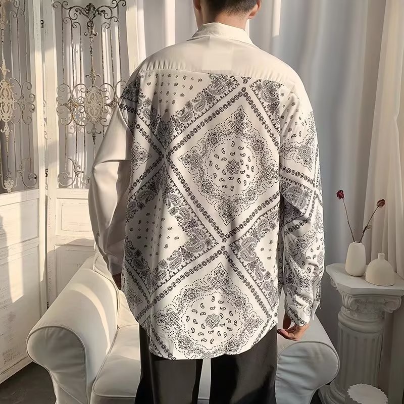 Áo Sơ Mi Tay Dài Dáng Rộng In Họa Tiết Kiểu Retro Nhật Hàn Thời Trang Cho Nam
