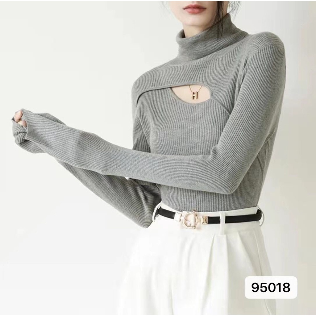 Áo sweater tay dài cổ cao dáng ôm màu trơn khoét lỗ thời trang Hàn Quốc