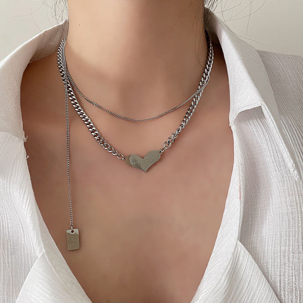 vòng cổ Hai Lớp Mặt Trái Tim Khắc Chữ Đơn Giản Cho Nữ
