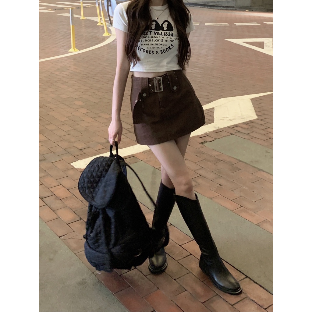 Chân Váy Ngắn Dáng Chữ A Phối Thắt Lưng Chất Jeans Dày Dặn Tone Màu Nâu Retro FREESHIP50K beechanstore