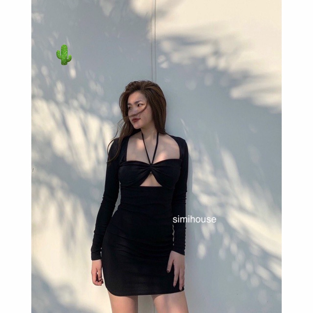đầm body thun gân kiểu khoét ngực cổ dây yếm ( có mút )