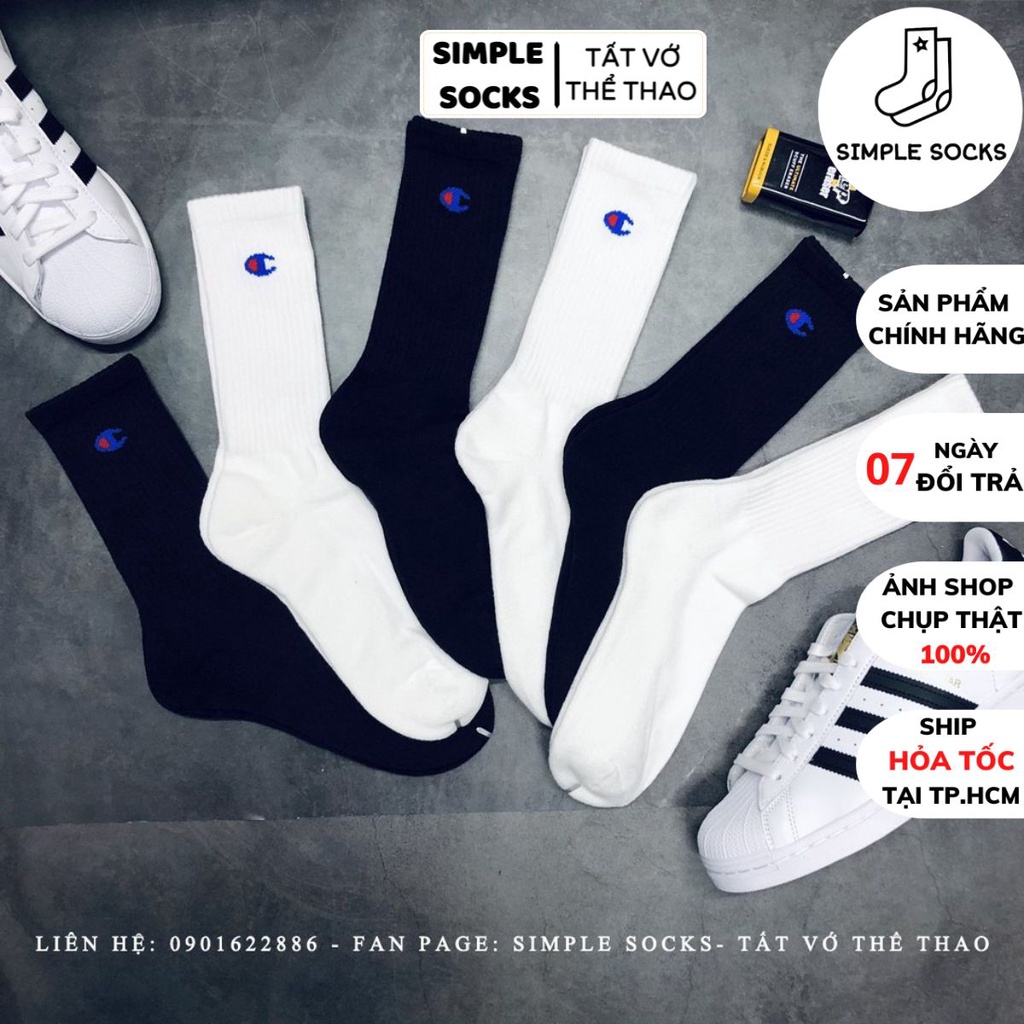 Vớ Champion Crew Socks Cổ Cao Có Đệm Gót Chân Thoáng Khí Khử Mùi💖SIMPLE SOCKS💖Tất Vớ Thể Thao Nam Nữ Champion Thời Trang