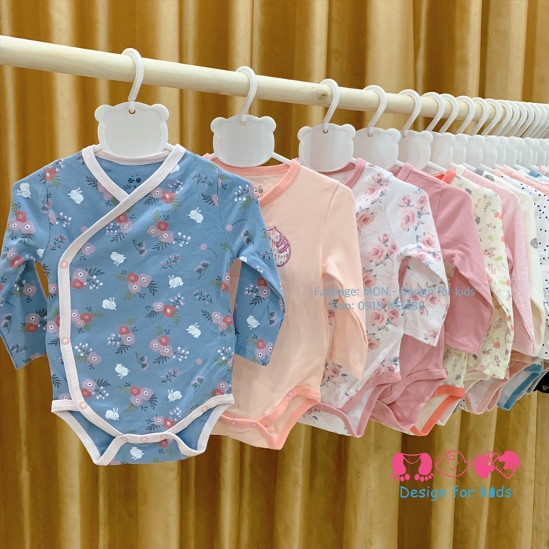 (Link 2) Bodysuit cho bé, body chip dài tay VẠT CHÉO cài cúc vải Organic cotton hàng xuất dư Asher O.livia