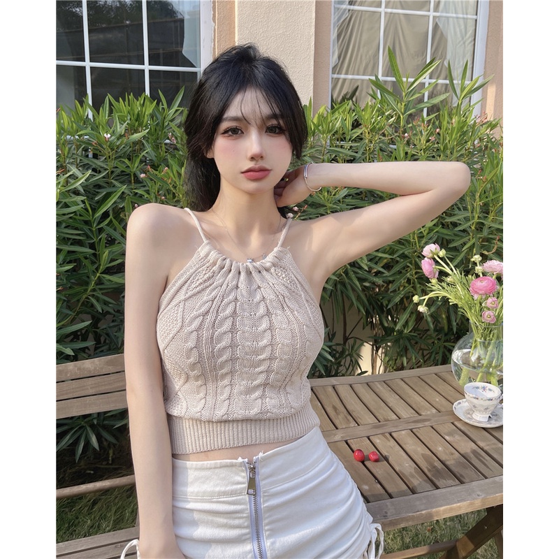 Áo không tay dệt kim phối dây thời trang cho phái nữ