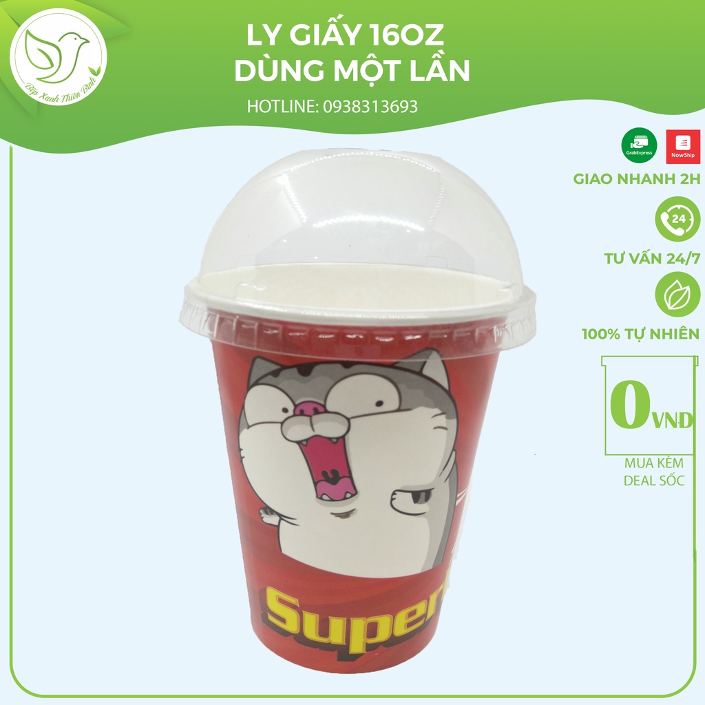 50 Ly giấy đựng cafe 16oz ~ 450ml giữ nhiệt in hình nắp trong suốt thân thiện môi trường