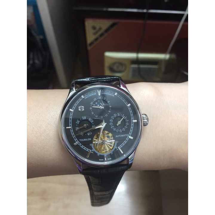 Đồng hồ Nam Vacheron constantin cơ tự động 6kim máy Nhật  size 40-41 mặt đen vỏ trắng có lịch thứ ngày